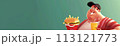 Fatty man on the right side enjoying fast food isolated on green pastel background, obesity concept 113121773
