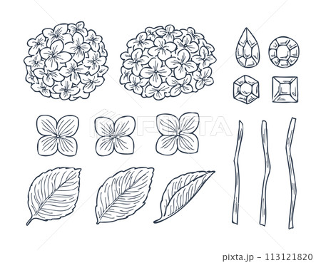 紫陽花と宝石の白塗り線画パーツイラストセット 113121820
