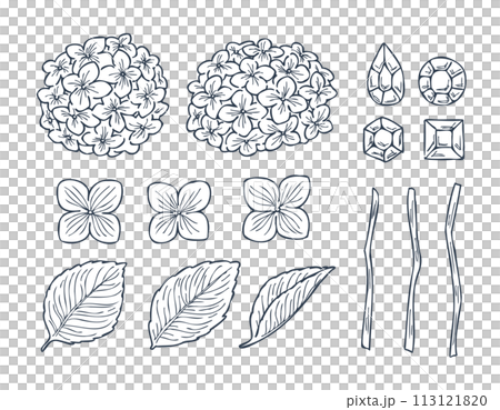紫陽花と宝石の白塗り線画パーツイラストセット 113121820