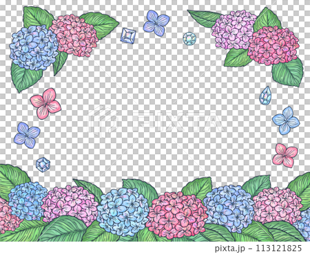 紫陽花と宝石の水彩風線ありフレームイラストセット 113121825