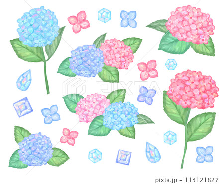 紫陽花と宝石の水彩風イラストセット 113121827