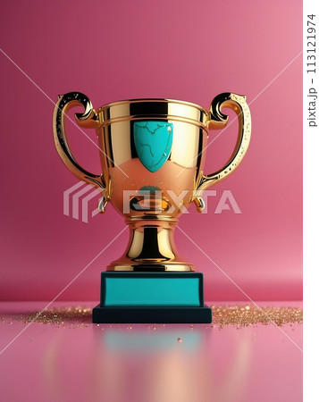 Sparkles pink blue background with a winners cup. Champion golden trophy on pink blue background. Concept of success and achievement. Sparkles pink blue background with a winners cup. Champion golden trophy on pink blue background. Concept of success and achievement. 113121974