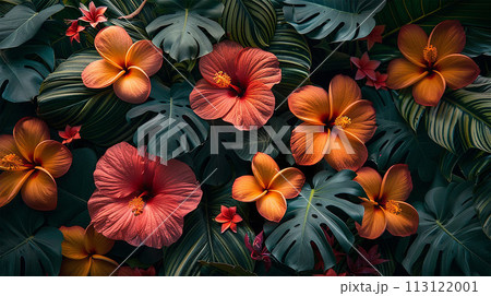 Tropical exotic aloha pattern with tropical leaves and  hibiscus 113122001