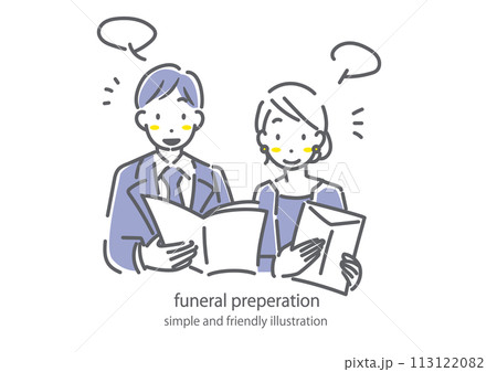 お葬式について調べる若い夫婦 喪服 シンプルでお洒落な線画イラスト お葬式について調べる若い夫婦 喪服 シンプルでお洒落な線画イラスト 113122082