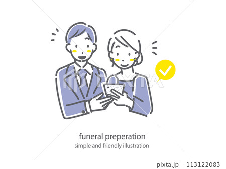 お葬式について調べる若い夫婦　喪服　シンプルでお洒落な線画イラスト 113122083