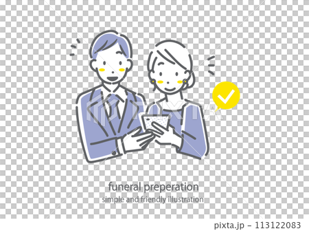 一對年輕夫婦研究葬禮、喪服、簡單時尚的線條畫插圖 113122083