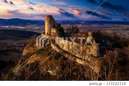 Aerial view of Medieval Castle Chojnik. Lower Silesia, Poland 113122118