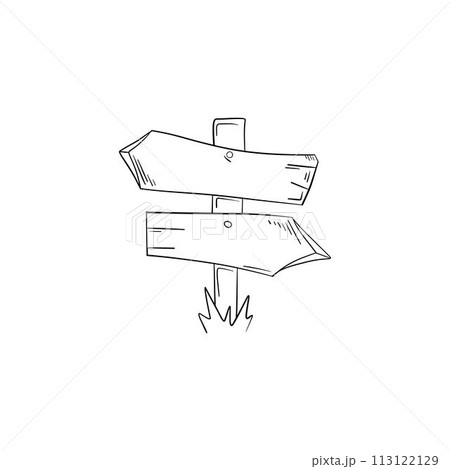 Hand drawn illustration of doodle wood road signs and arrows 113122129
