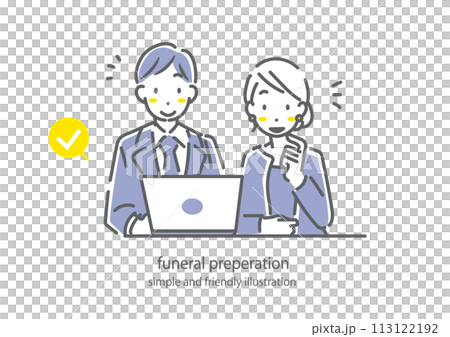 A young couple researching about funerals, mourning clothes, simple and stylish line drawing illustration 113122192
