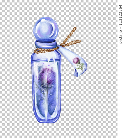 Watercolor potion bottle. Love potion and elixir hand drawn illustration. Halloween 113122564