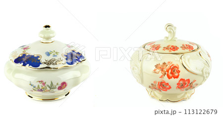 Set of Vintage porcelain candy bowls isolated on white. There is free space for text. Collage. Wide photo. 113122679