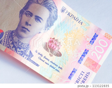 Ukrainian 200 hryvnia note; face; text and ornate designs visible. Ukrainian 200 hryvnia note; face; text and ornate designs visible. 113122835