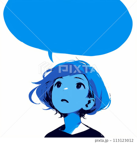 青色のイラスト、女性と吹き出し 113123012