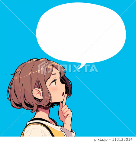 指を口元に当てて意見を話す女性と吹き出し 113123014