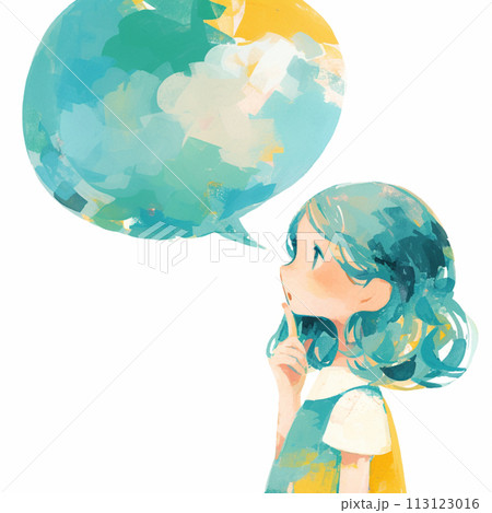 水彩画テイストの女の子と吹き出し 113123016
