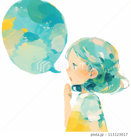 水彩画テイストの女の子と吹き出し 113123017