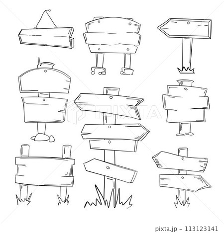 Hand drawn set illustration of doodle wood road signs and arrows 113123141
