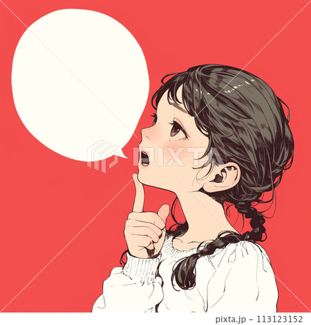 考えるおさげの女の子と意見を話す吹き出し 113123152