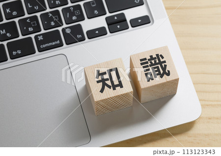 パソコンの上に知識と書かれた積み木 113123343