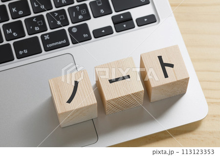 パソコンの上にノートと書かれた積み木 パソコンの上にノートと書かれた積み木 113123353