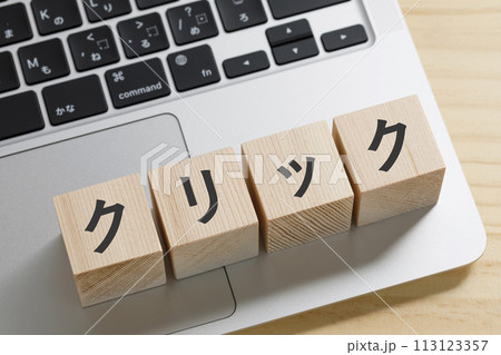 パソコンの上にクリックと書かれた積み木 113123357