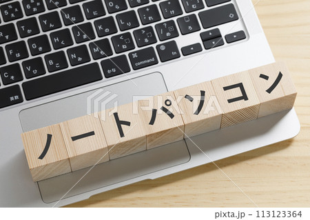 パソコンの上にノートパソコンと書かれた積み木 パソコンの上にノートパソコンと書かれた積み木 113123364