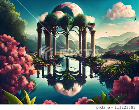 The Garden of Eden. Plants and nature in a heavenly place. A view of paradise. Created with generative AI tools 113123585