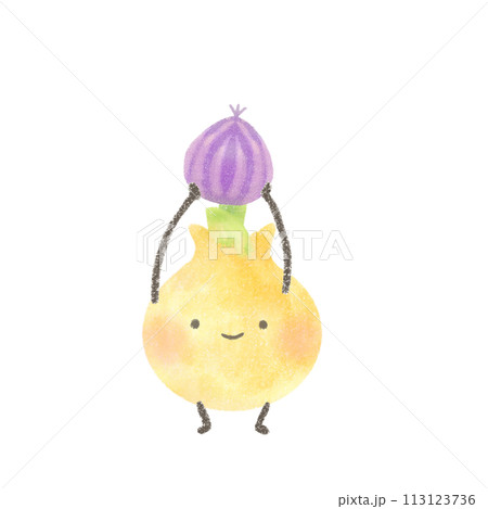 紫玉ねぎを持っているかわいい玉ねぎのイラスト  113123736