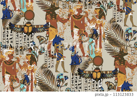 Abstract seamless pattern with ancient Egyptian motifs. Suitable for fabric, wrapping paper and the like Abstract seamless pattern with ancient Egyptian motifs. Suitable for fabric, wrapping paper and the like 113123833