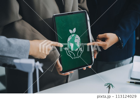 Carbon offset price report CO2 emission. Future growth Net zero waste in ESG ethical SME office protect climate change global warming social issues project. Group of asia people Eco friendly SDGs plan 113124029