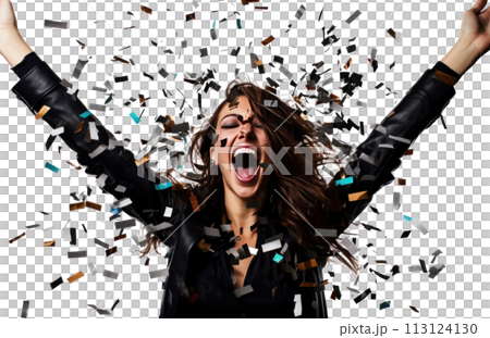 young woman celebrating in party with party confetti on the white background young woman celebrating in party with party confetti on the white background 113124130