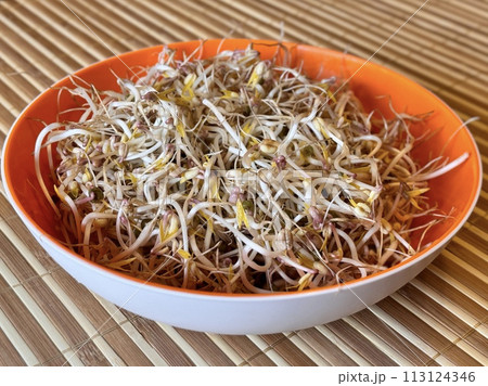 Mound of sprouted mung beans with small roots for eating an orange bowl on bamboo background. Concept of diet, vegetarianism, vegan, healthy products and proper nutrition. Close up. 113124346