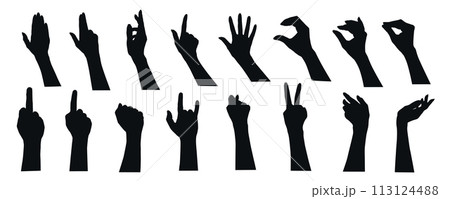 Hand gestures silhouette mega set in flat graphic design. Collection elements of different expression human arm, open palm, heart shape, finger up, peace, rock, rude signs, fist. Vector illustration. 113124488