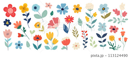 Flowers mega set in flat graphic design. Collection elements of abstract meadow wildflowers, daisy, chamomile, rose, green bushes, twigs, wild colourful plants, herbs and leaves. Vector illustration. 113124490