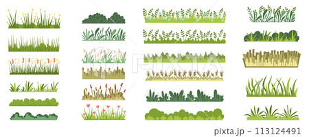 Green grass with flowers mega set in flat graphic design. Collection elements of meadow herbal horizontal layers with variative wildflowers, bushes and leaves for landscape. Vector illustration. 113124491