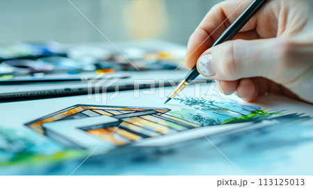 A close-up of a designer's hand is a watercolor of a modern house on paper. 113125013