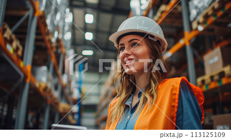 Caucasian woman using tablet to check goods in warehouse. 113125109