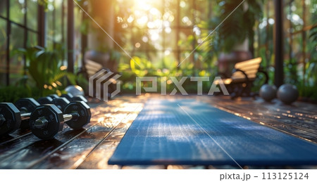 Yoga Mat on Wooden Floor by Large Window 113125124