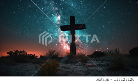 Cross in Field Under Night Sky 113125126