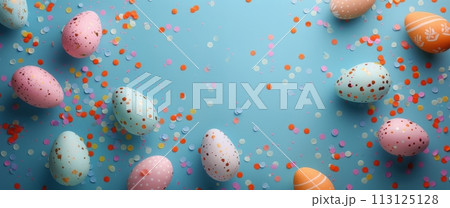 Speckled Eggs on Blue Background 113125128
