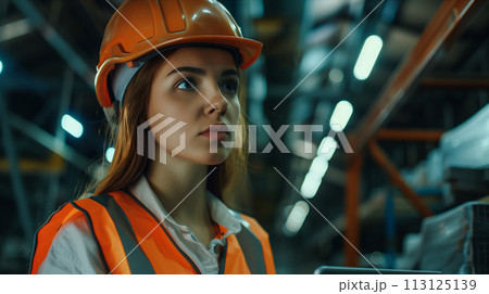 Caucasian woman using tablet to check goods in warehouse. Caucasian woman using tablet to check goods in warehouse. 113125139
