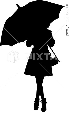 simple black contour drawing of a girl with an umbrella, isolated element simple black contour drawing of a girl with an umbrella, isolated element 113125200