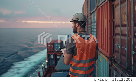 A Caucasian man is using a tablet to check goods on a container ship sailing at sea. A Caucasian man is using a tablet to check goods on a container ship sailing at sea. 113125203