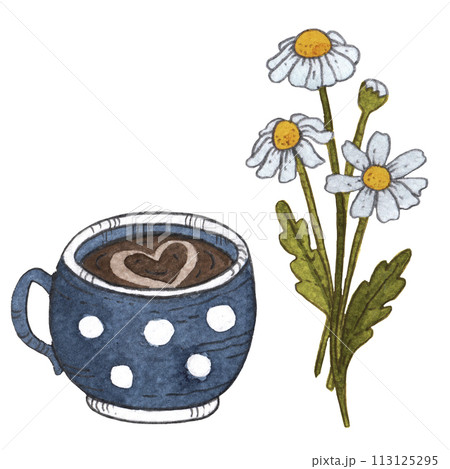 Chamomile and cup of cacao, coffee or tea in white background. Sketch watercolor art Chamomile and cup of cacao, coffee or tea in white background. Sketch watercolor art 113125295