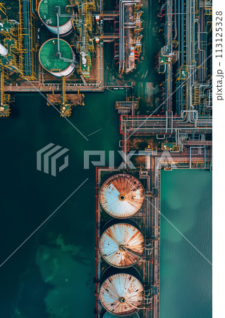 Aerial view of oil storage tanks, oil refinery at oil depot, transportation of fuel energy by tanker. 113125328