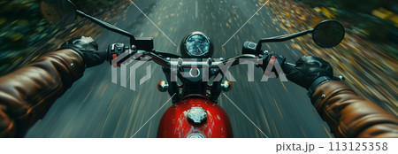 Closeup of two hands on motorcycle handlebars, motorcyclist on paved road. 113125358