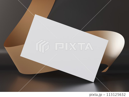 Elegant business card mockup with a reflective surface and dynamic golden curve in the background, ideal for presenting professional branding. American size, 3,5 x 2 inch. Visiting, name card. 3D. 113125632