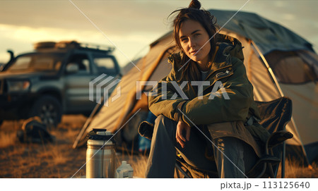 Caucasian woman is on a camping trip in the forest. 113125640