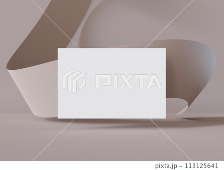 Blank white business card mockup floating against a soft, wavy beige backdrop, perfect for a clean and modern brand display. European size, 3,25 x 2,17 inch. Visiting, name card. 3D. 113125641