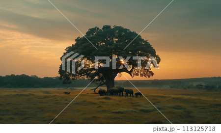 A herd of elephants under a big tree in the middle of a field at sunset. 113125718